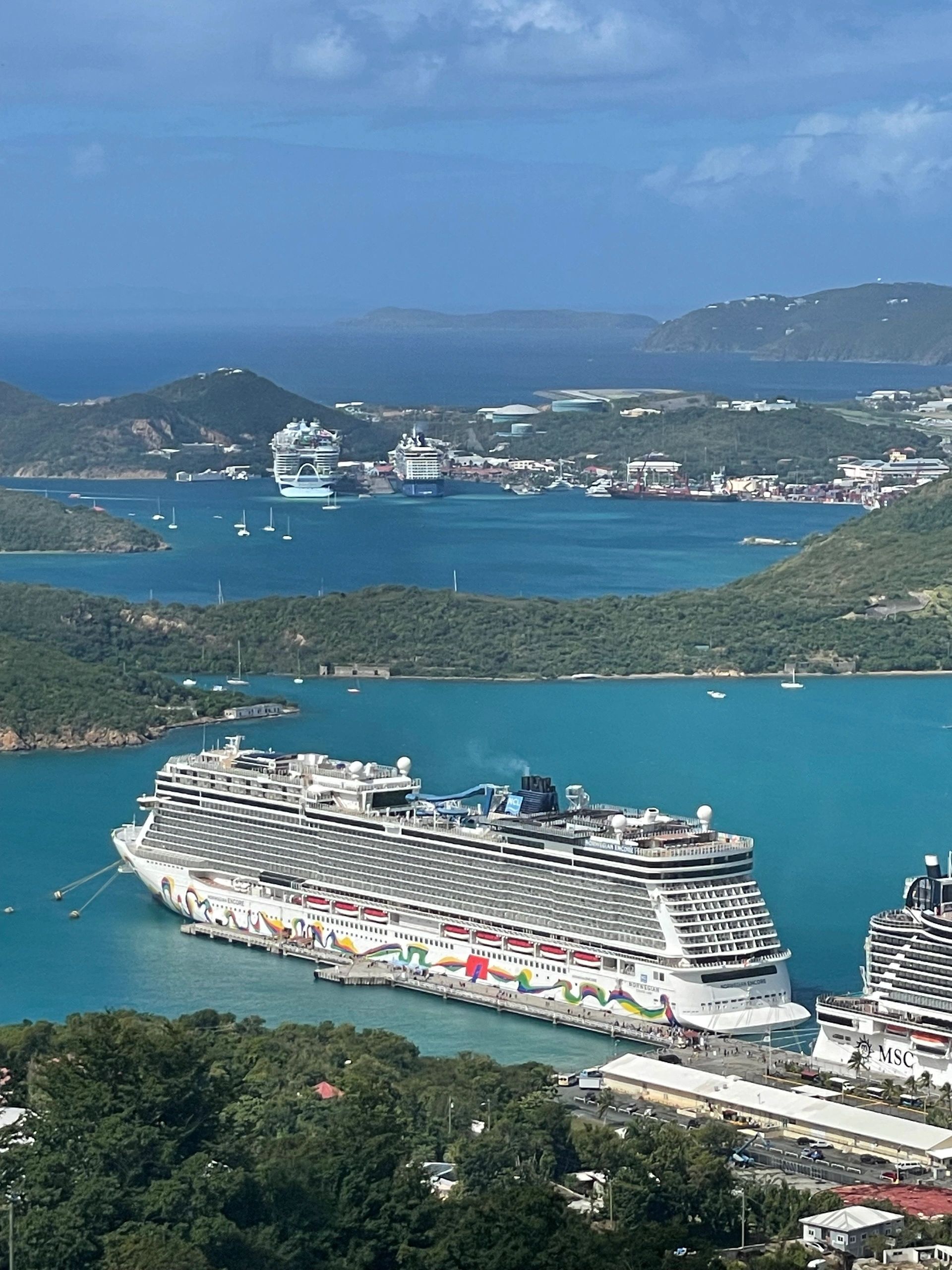 Aerial view of Caribbean harbor with cruise ships